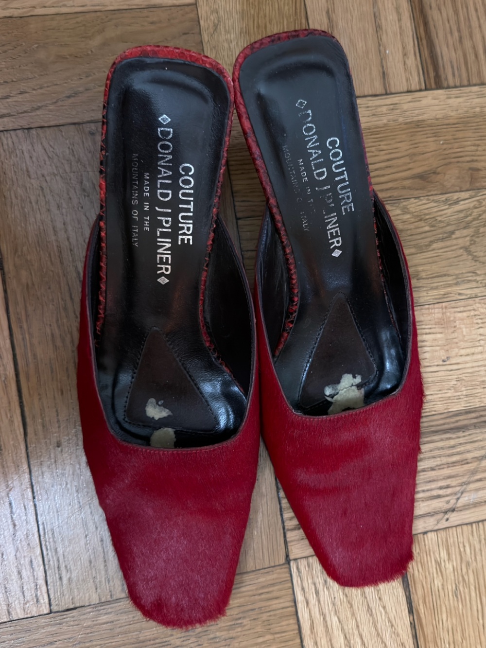 Donald J. Pliner couture Red horse hair Square-Toe Mule with snake skin heel